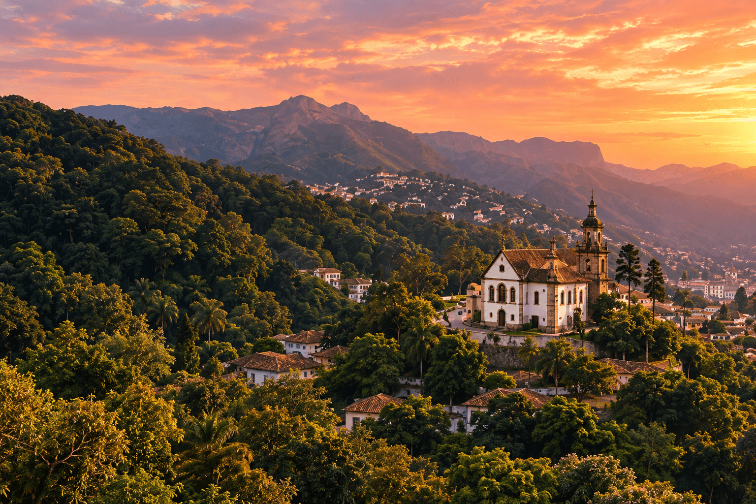 Paisagem ilustrativa de uma cidade entre montanhas ao entardecer